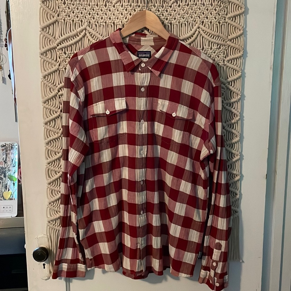 Patagonia Burgundy and Cream Checkered Button Down Shirt